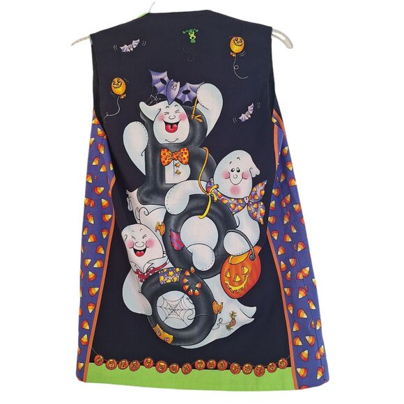 Halloween Vest Whimsical Cotton black orange lime Ghosts Homemade VTG small med - Picture 3 of 11